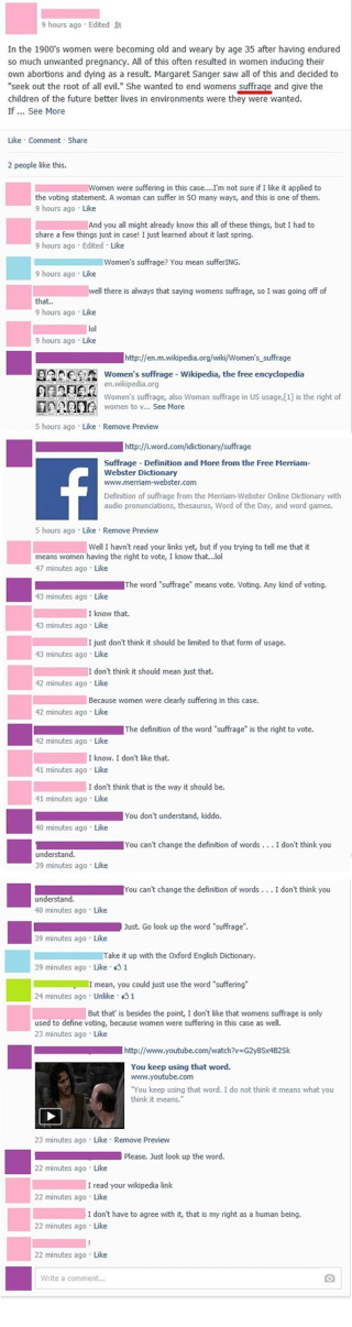 Illustration for article titled Idiot's Facebook Conversation About the Word 'Suffrage' Is Delightful